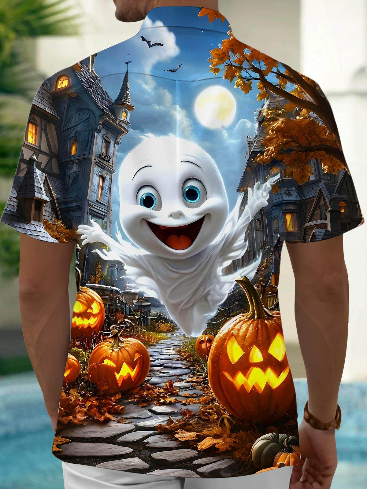 Halloween Ghost Pumpkin Men's Pocket Short Sleeve Shirts