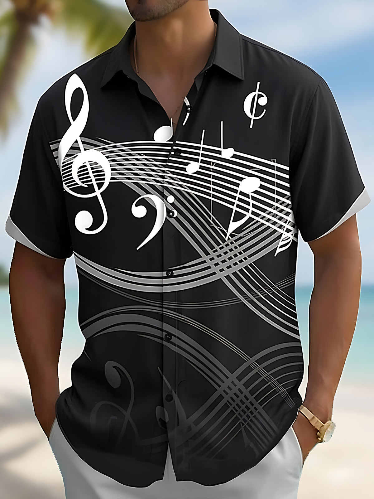 men's music print shirt front view