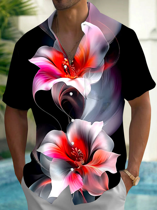 Men's floral short sleeve Hawaiian shirt front view for tropical beach vacation