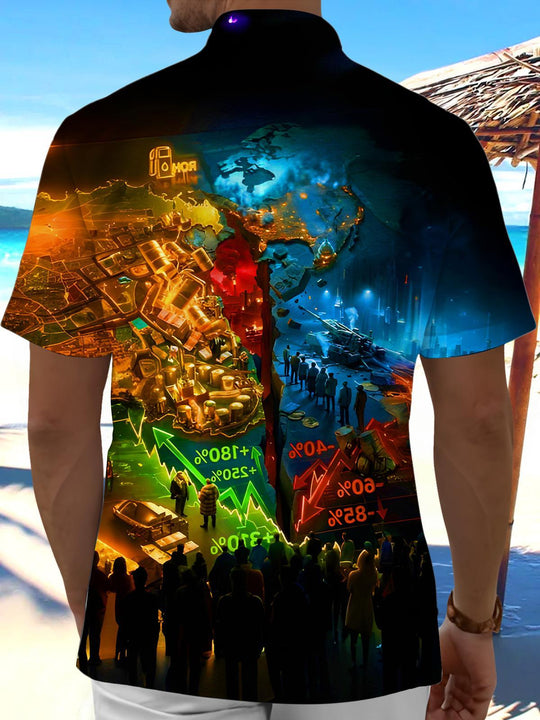 Men's dark futuristic exhibition global economic trends pocket short sleeve shirt back view
