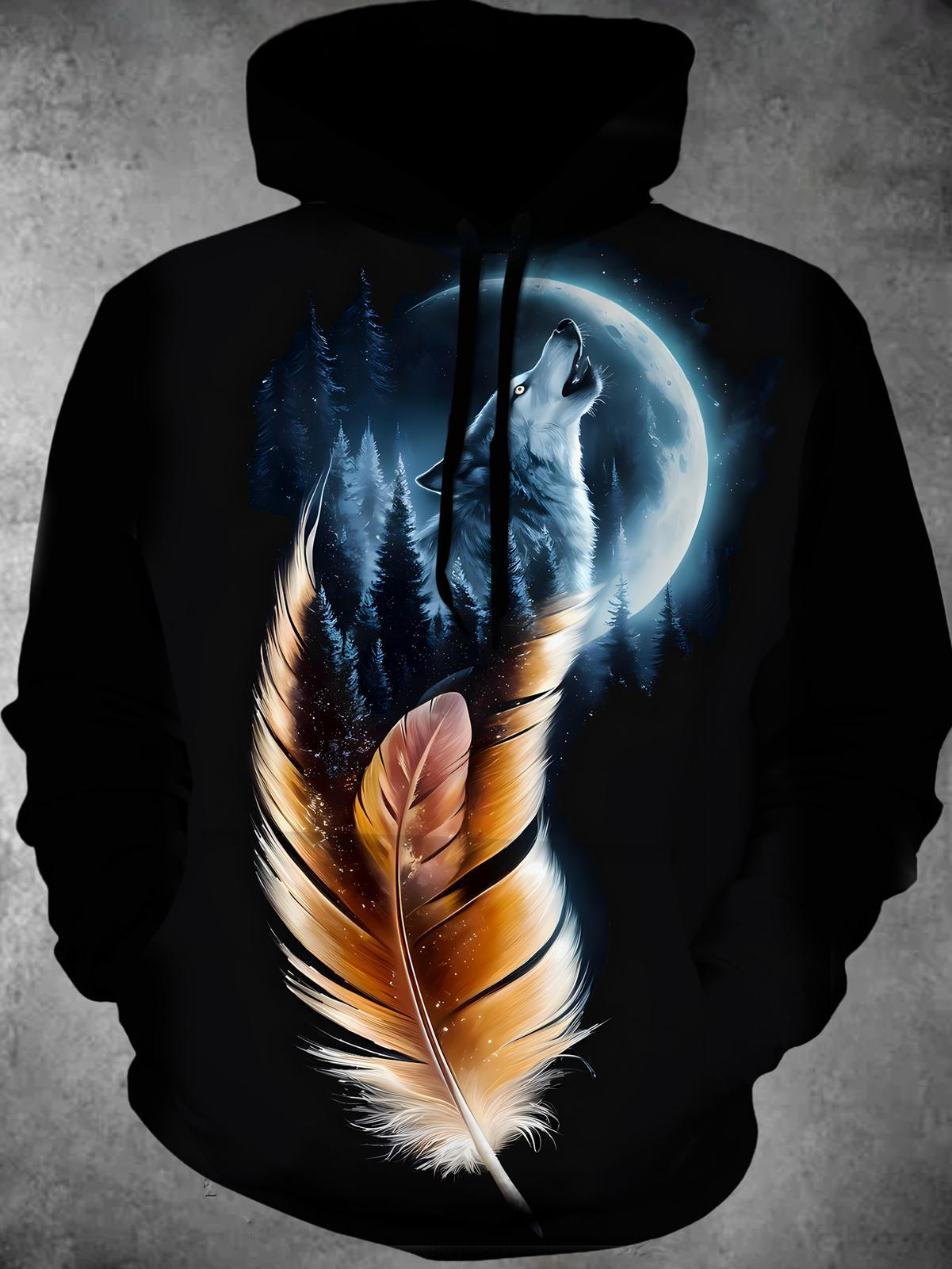 Feather Moon Wolf Long Sleeve Hooded Pocket Men's Top