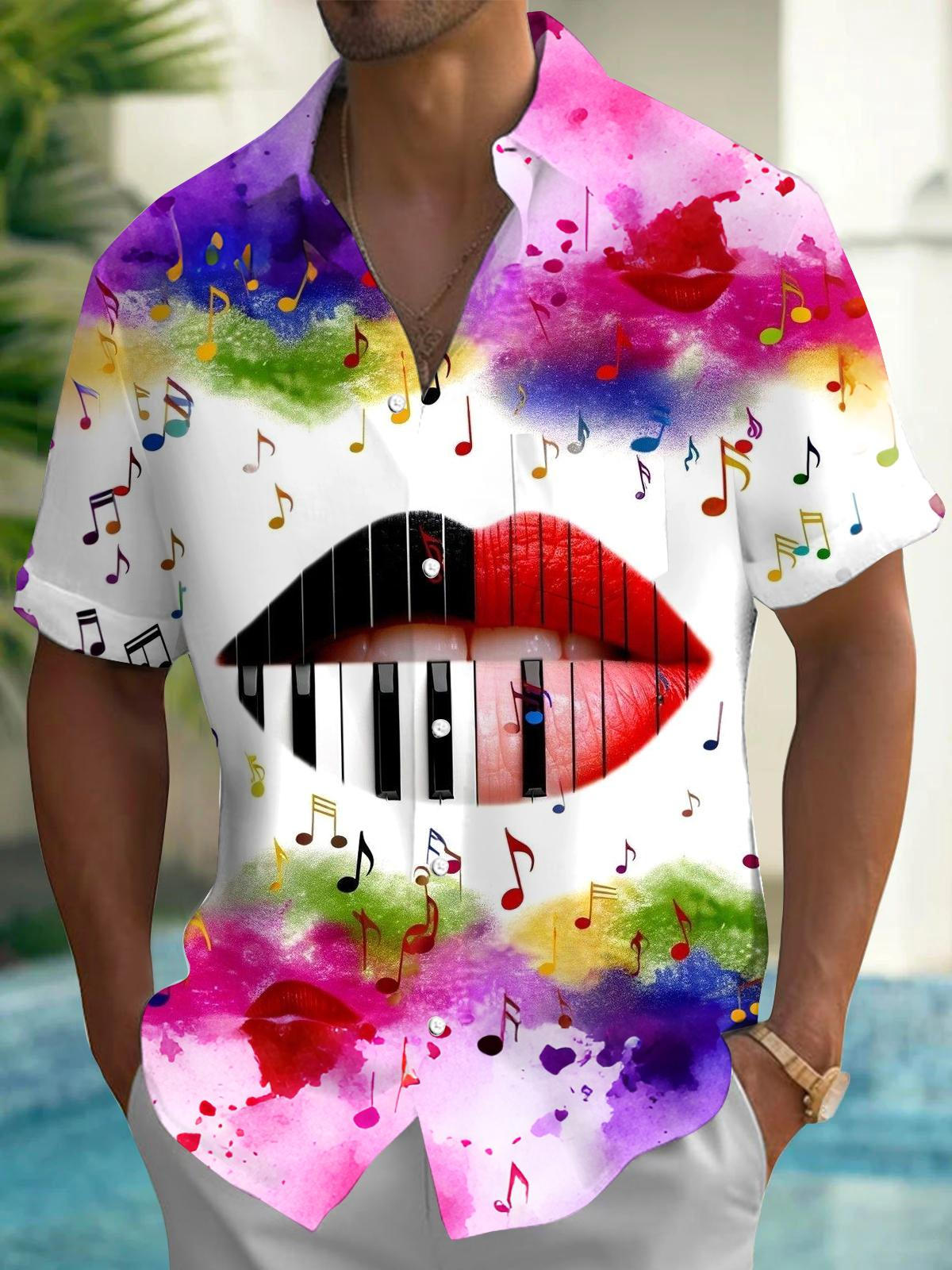 Lip Piano Note Gradient Print Men's Pocket Short Sleeve Shirts