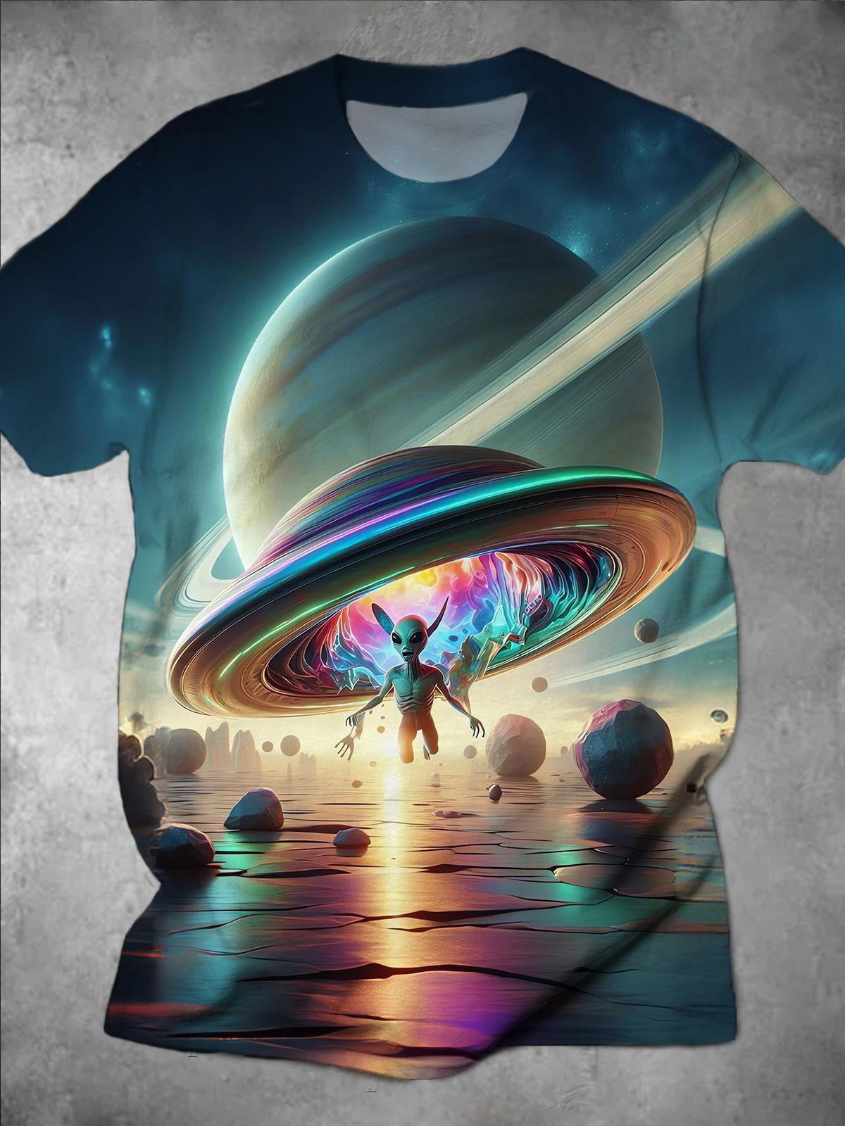 Spaceship Alien Round Neck Short Sleeve Men's T-shirt