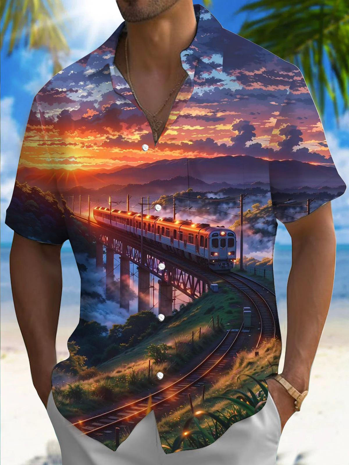 Train Print Men's Pocket Short Sleeve Shirts