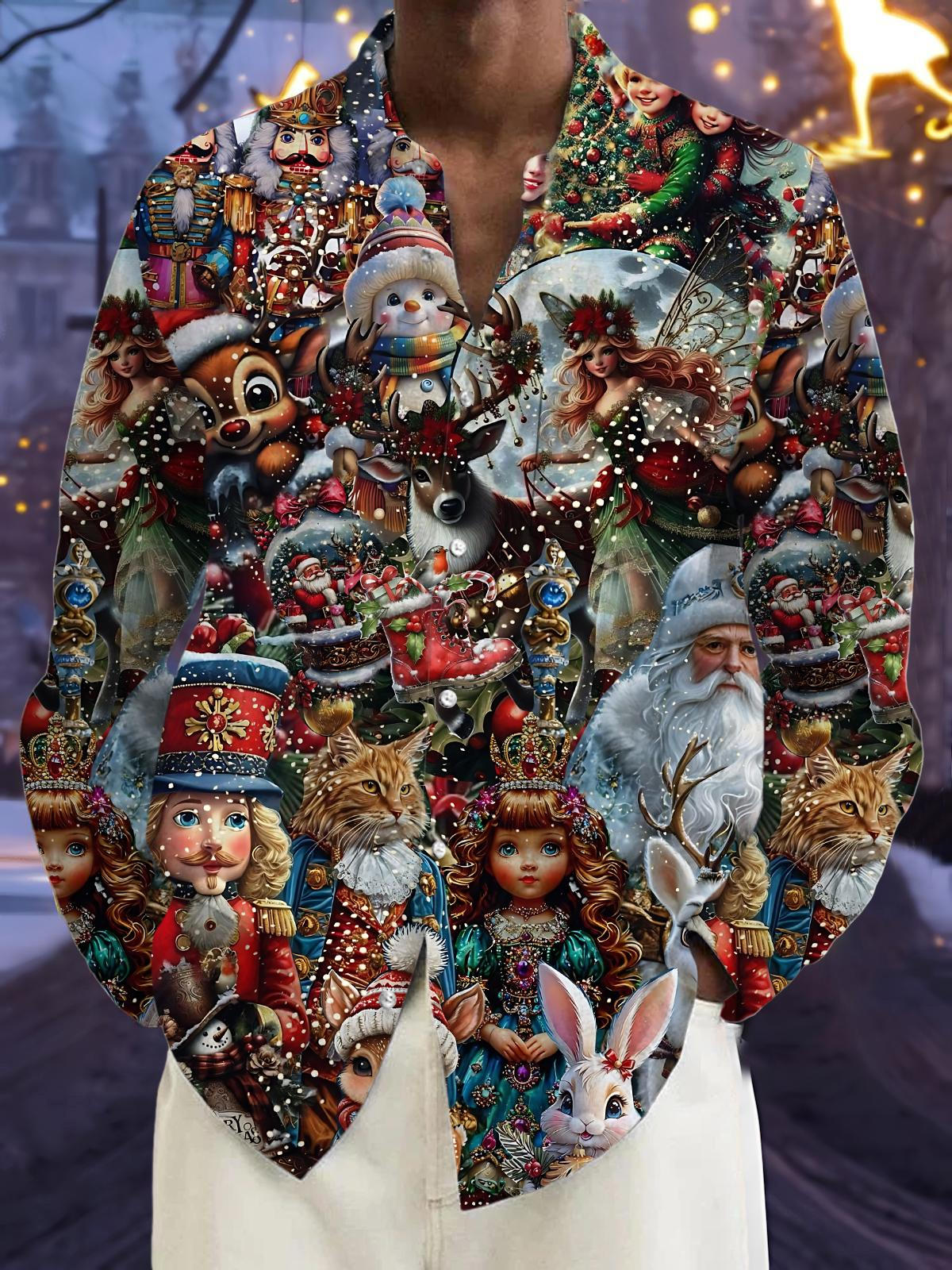 Christmas Print Men's Pocket Long Sleeve Shirts