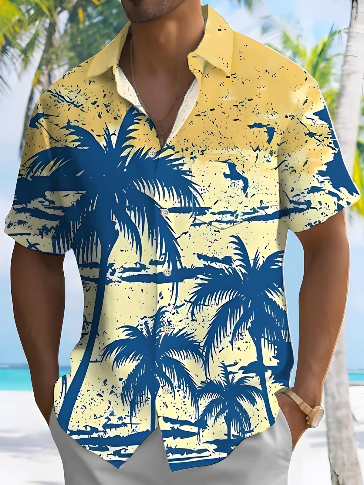 Hawaiian Coconut Tree Print Men's Pocket Short Sleeve Shirts