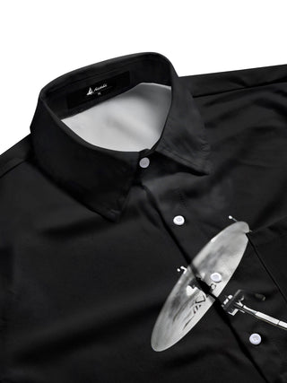 Men's side view half sleeve shirt with drum set and guitar print
