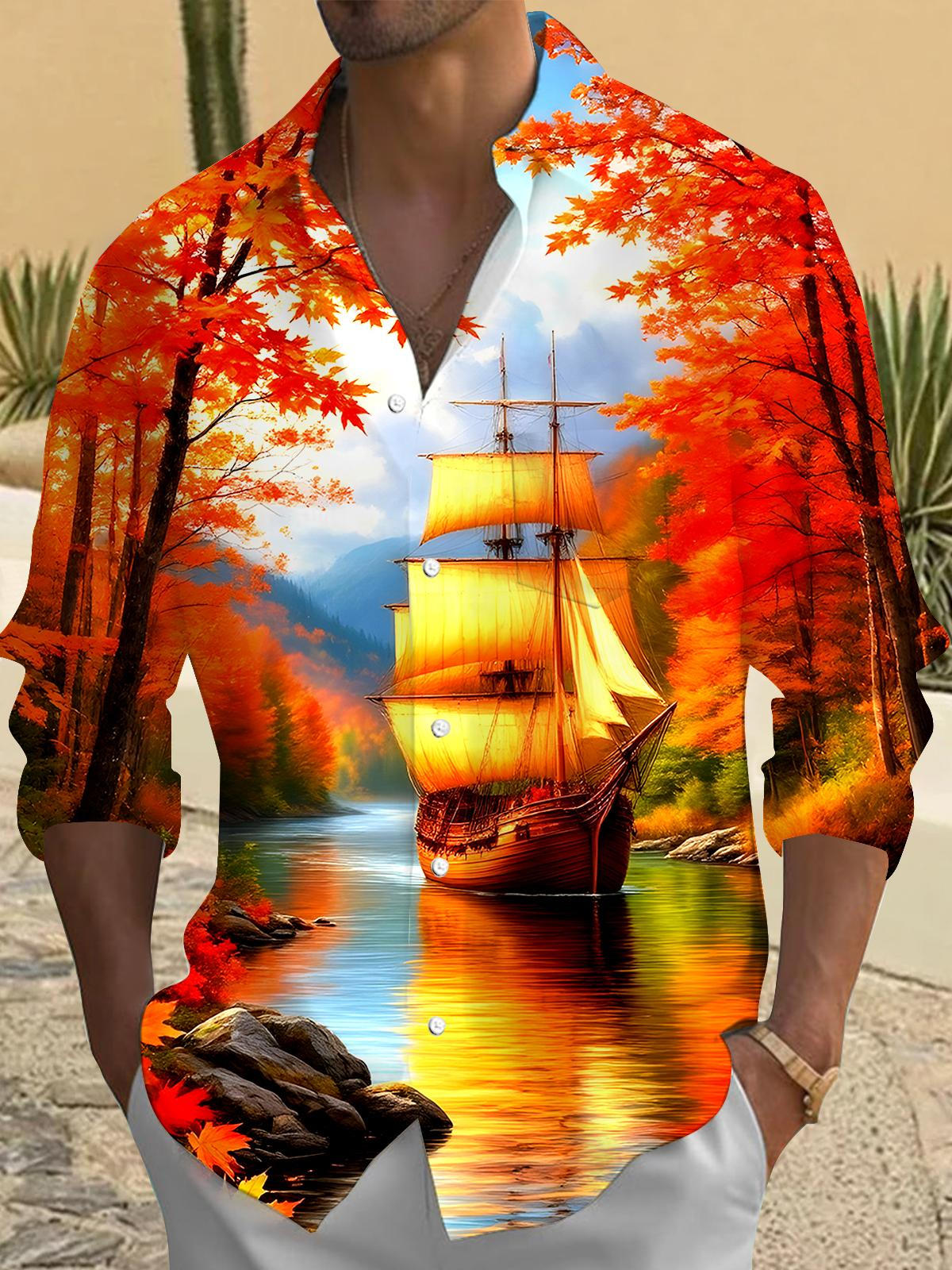 Maple Leaf Boat Men's Pocket Long Sleeve Shirts