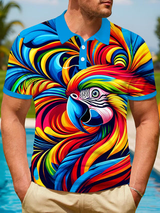 Men's multicolor Hawaiian parrot short sleeve button polo shirt front view for tropical beach vacation