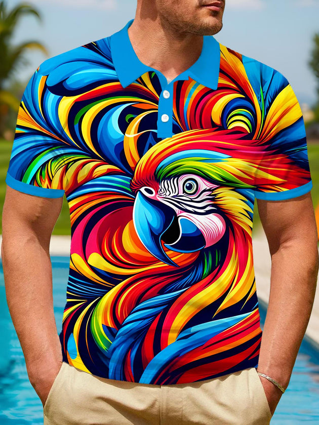 Men's multicolor Hawaiian parrot short sleeve button polo shirt front view for tropical beach vacation