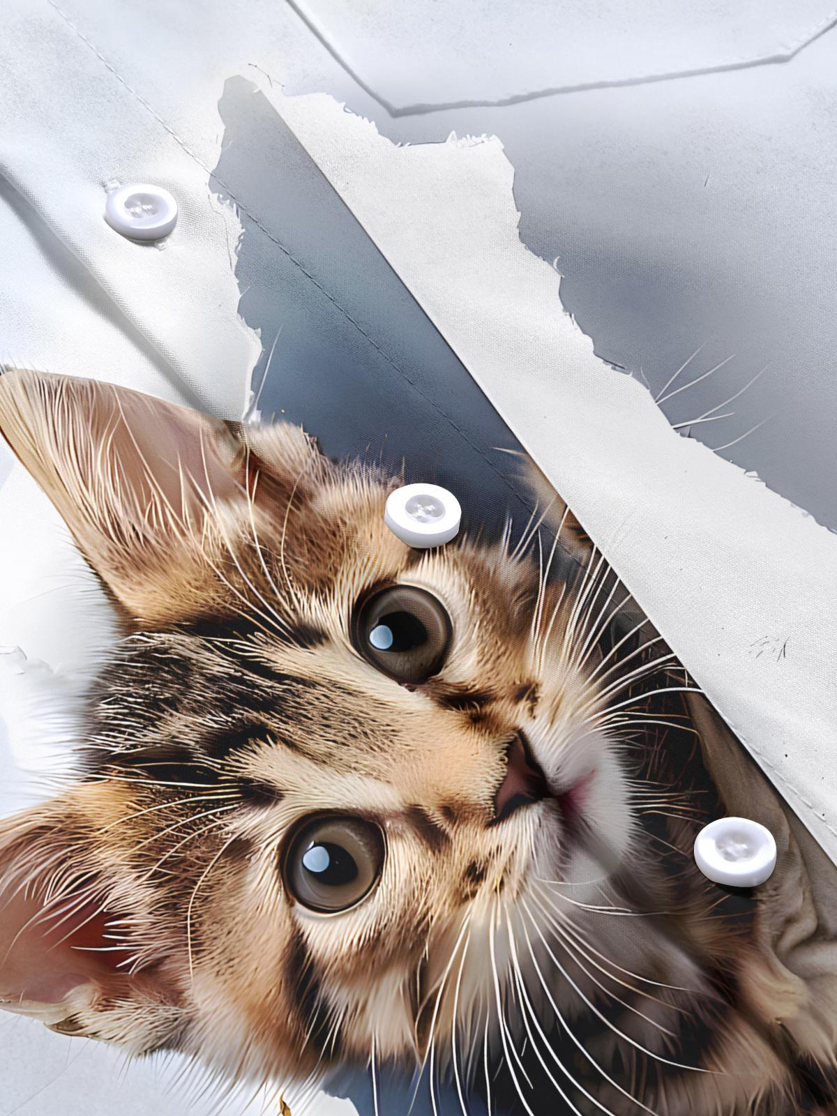 Cat Print Men's Pocket Short Sleeve Shirts