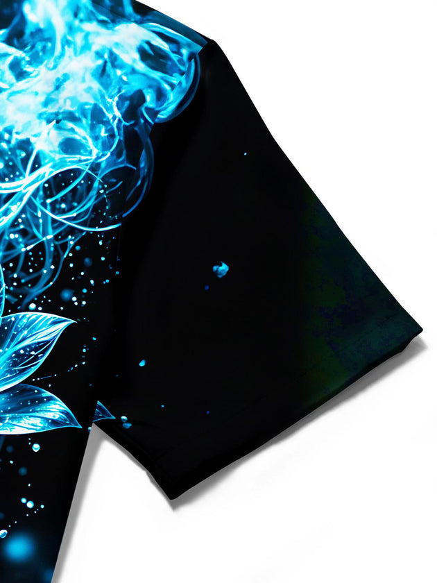 Luminous Blue Lotus Floral Men's Pocket Short Sleeve Shirts
