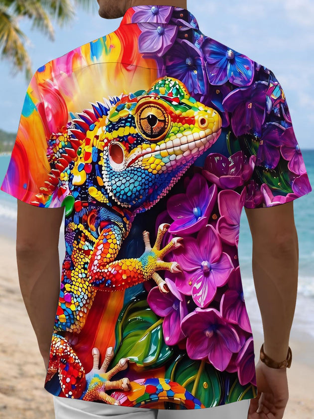 Colorful Chameleon Flower Men's Pocket Short Sleeve Shirts