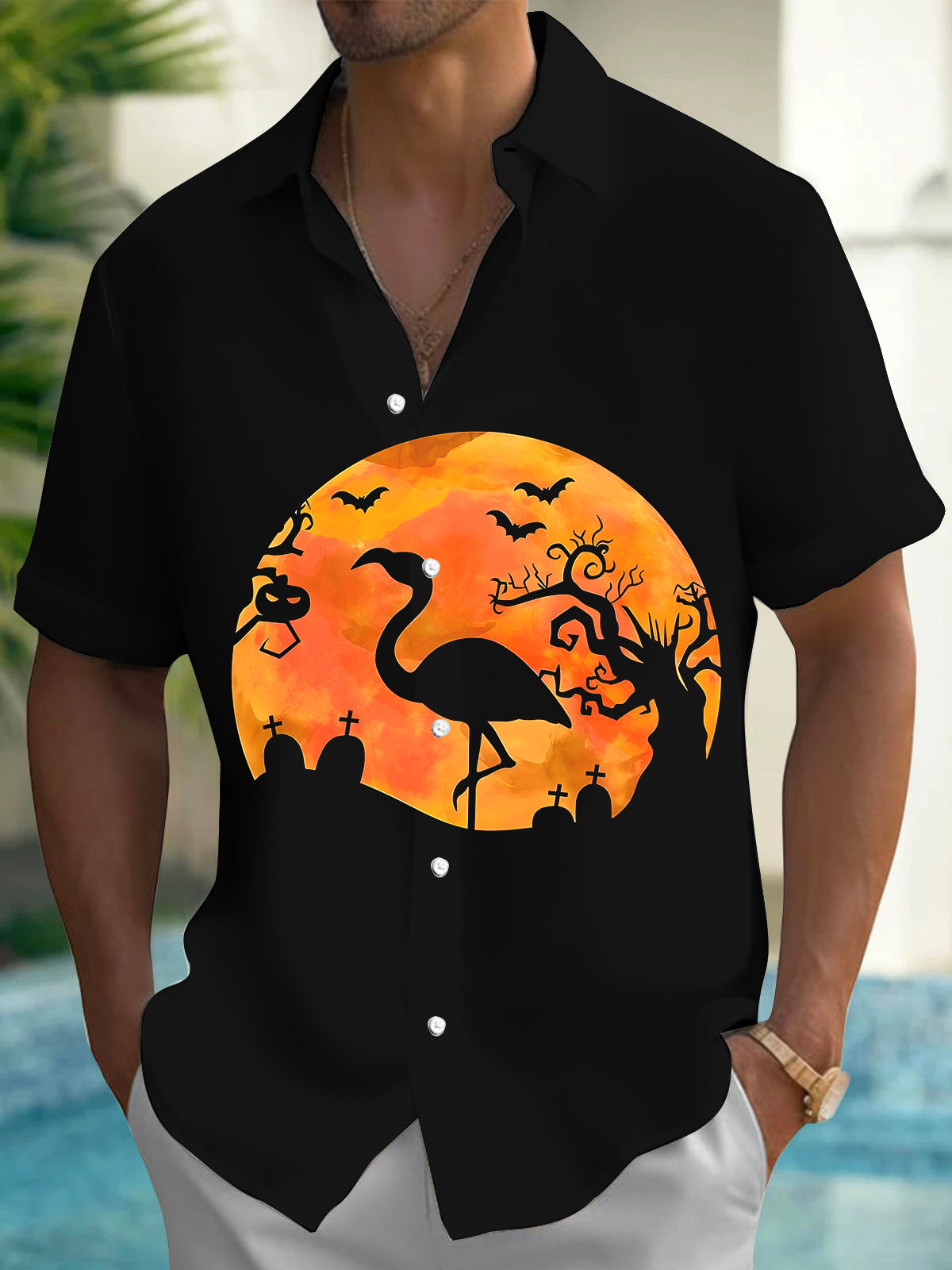 Halloween Flamingo Men's Pocket Short Sleeve Shirts