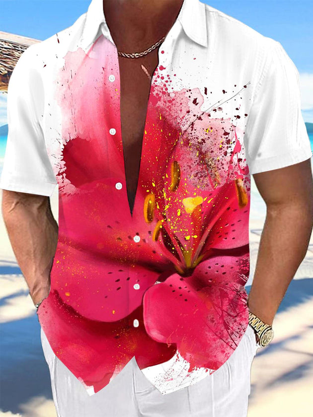 Men's floral print pocket short sleeve shirt front view