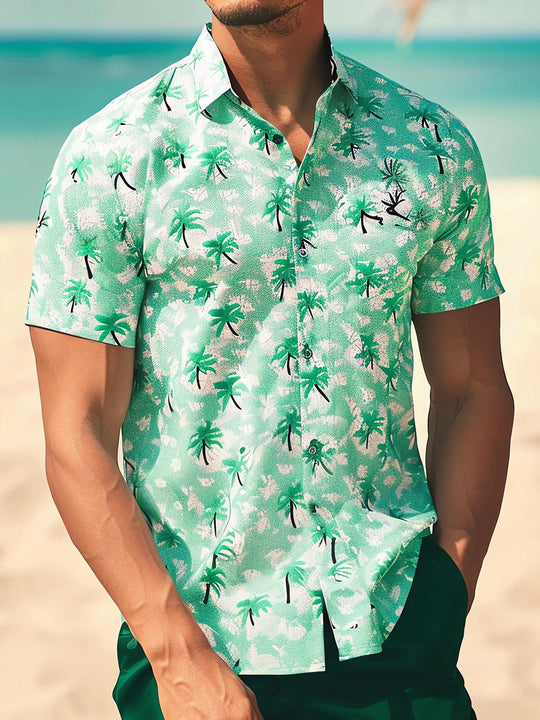Men's Hawaiian Coconut Tree Print Pocket Short Sleeve Shirt Front View Tropical Beach Vacation