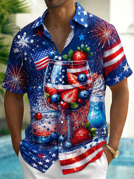 Independence Day Cocktail Fireworks Men's Pocket Short Sleeve Shirts