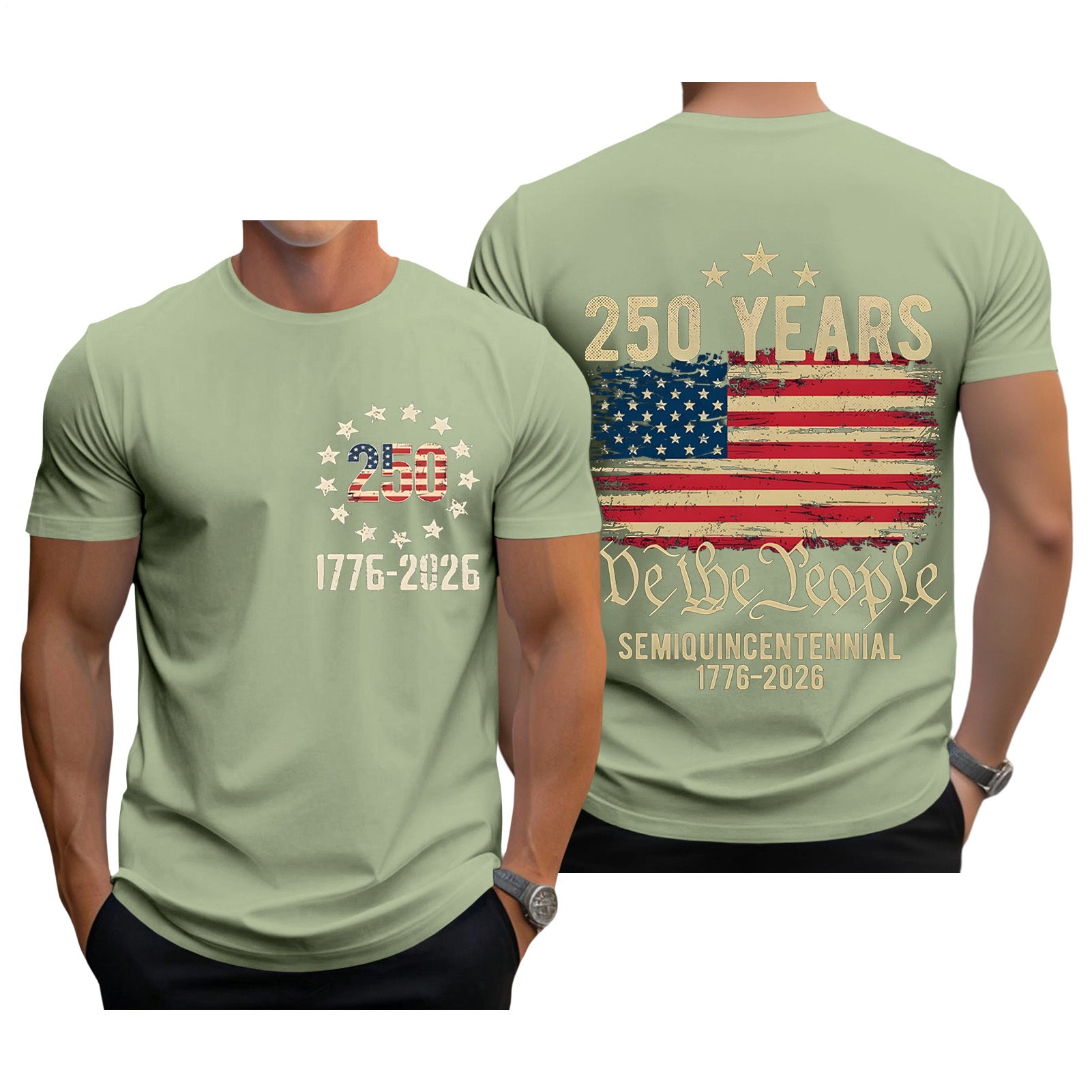 Men casual American flag print short sleeve graphic t-shirt lifestyle side view for Independence Day