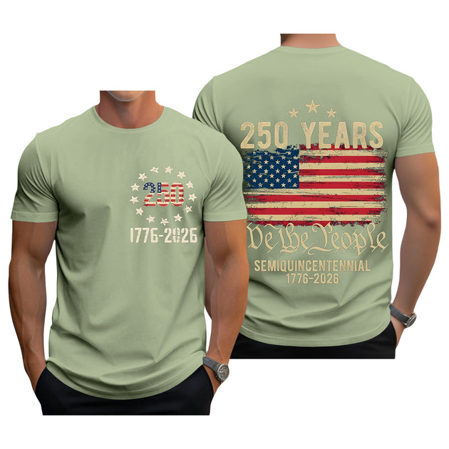 Men casual American flag print short sleeve graphic t-shirt lifestyle side view for Independence Day