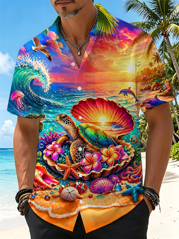 Hawaiian Ocean Turtle Men's Pocket Short Sleeve Shirts