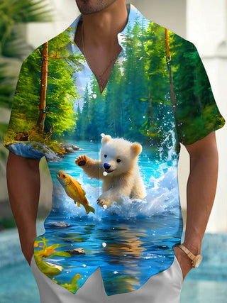 Men's Polar Bear Fish Print Pocket Short Sleeve Shirt Front View
