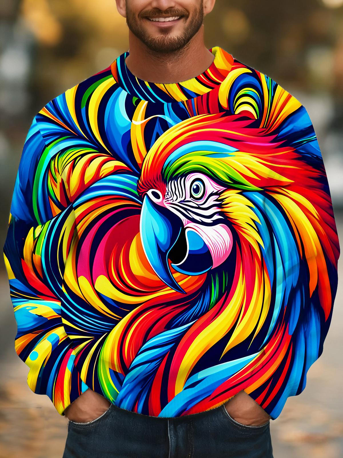 Funny Colorful Parrot Swirl Men's Long Sleeve Round Neck Tops