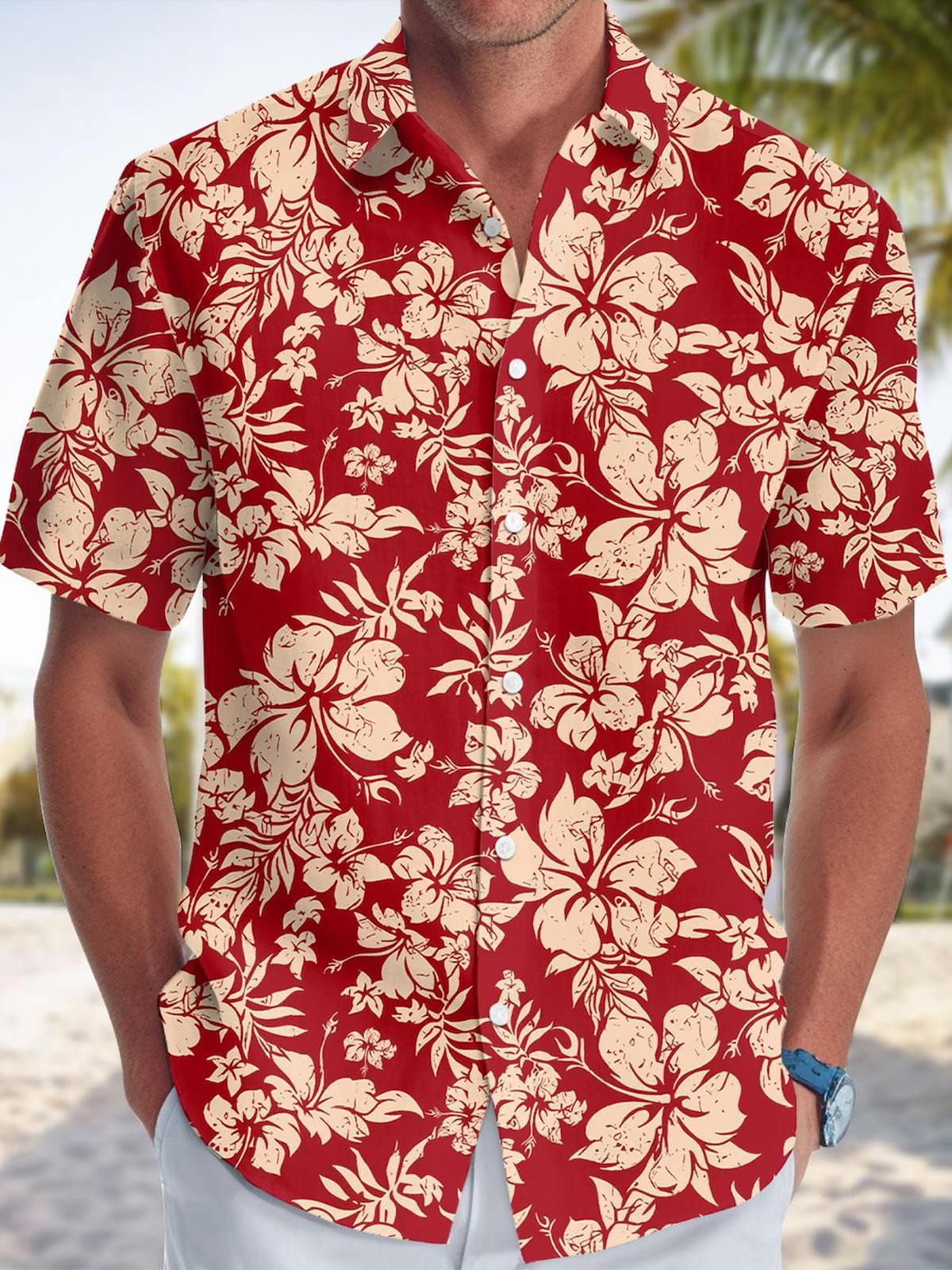 Men's Hawaiian flower print pocket short sleeve shirt front view for tropical beach vacation