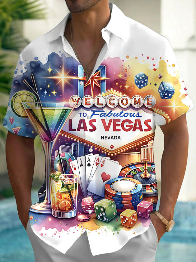 Las Vegas Casino Poker Cocktail Print Men's Pocket Short Sleeve Shirts