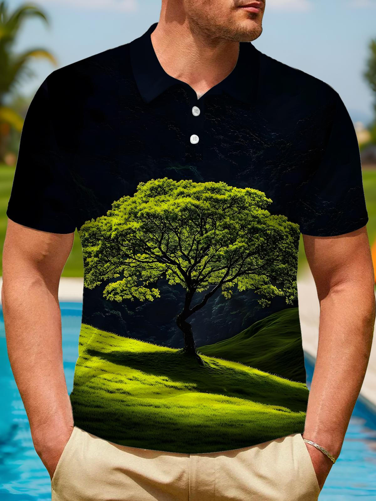 Tree Print Men's Short Sleeve Button Polo Shirt