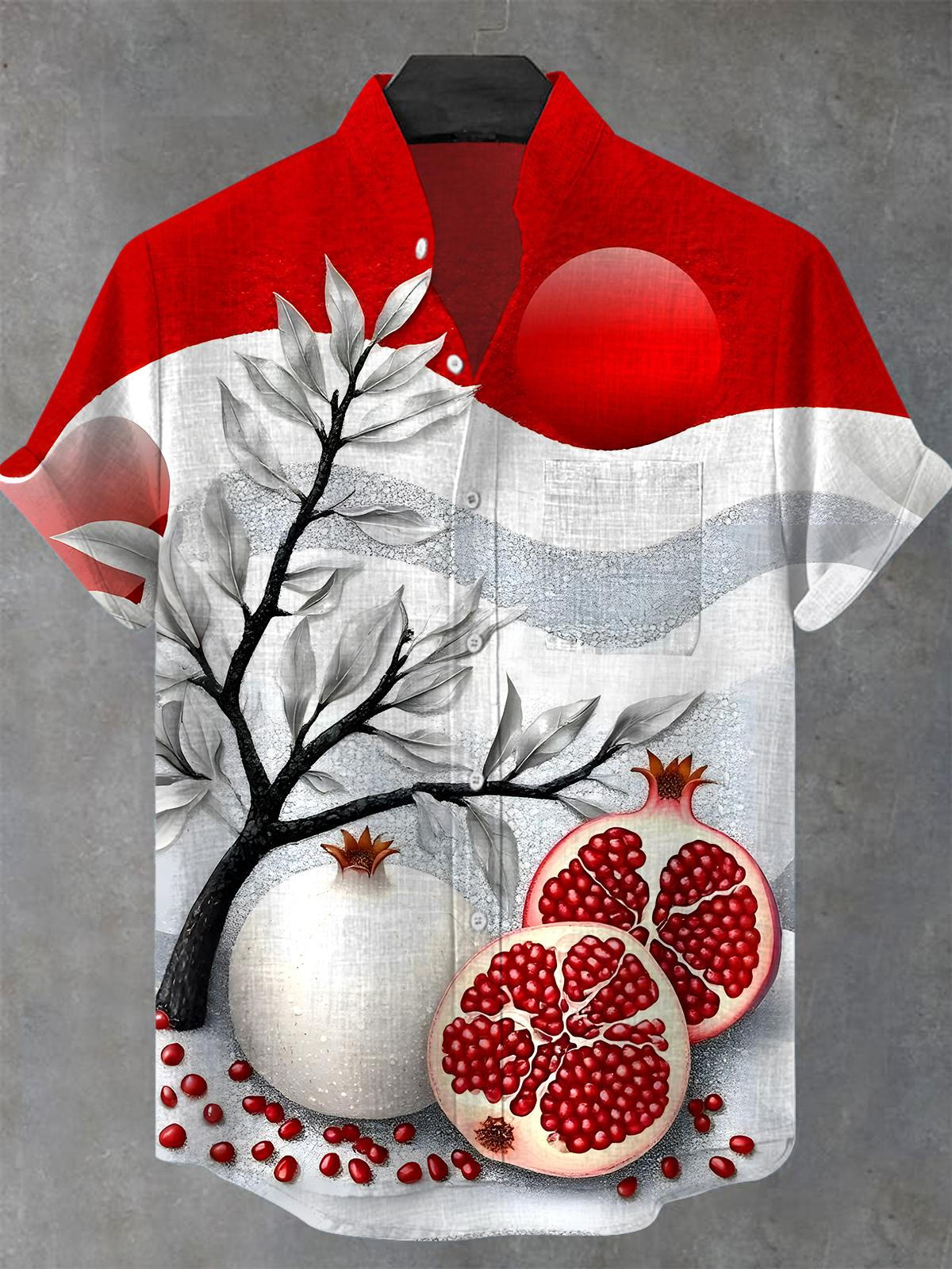 Fruit Pomegranate Men's Pocket Short Sleeve Stand Collar Shirts