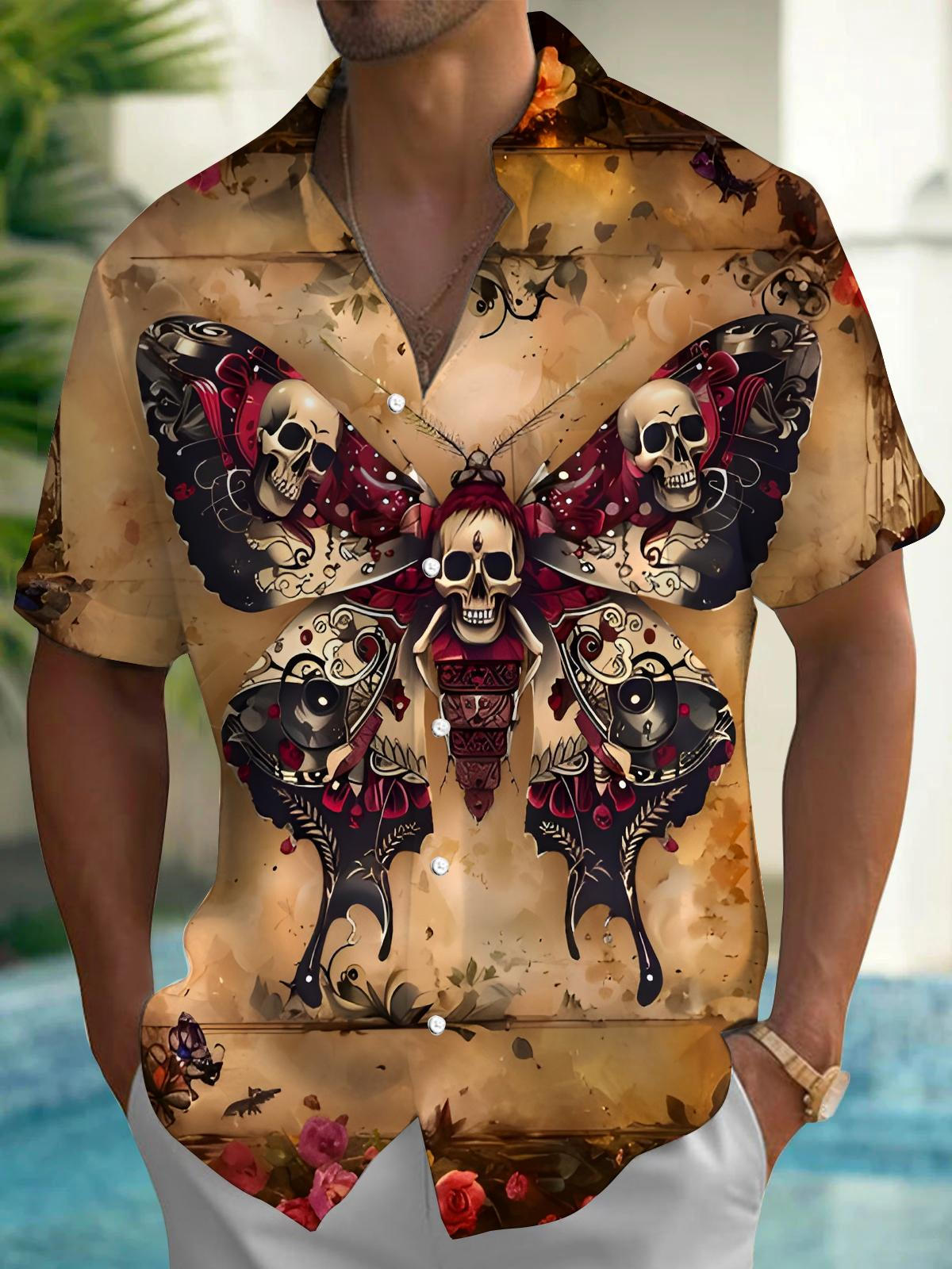 Retro Skull Butterfly Men's Pocket Short Sleeve Shirts