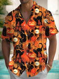 Halloween Black Cat Pumpkin Men's Pocket Short Sleeve Shirts