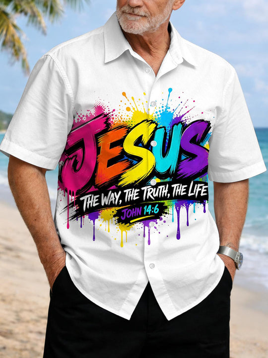 Colorful Jesus Print Men's Pocket Short Sleeve Shirts