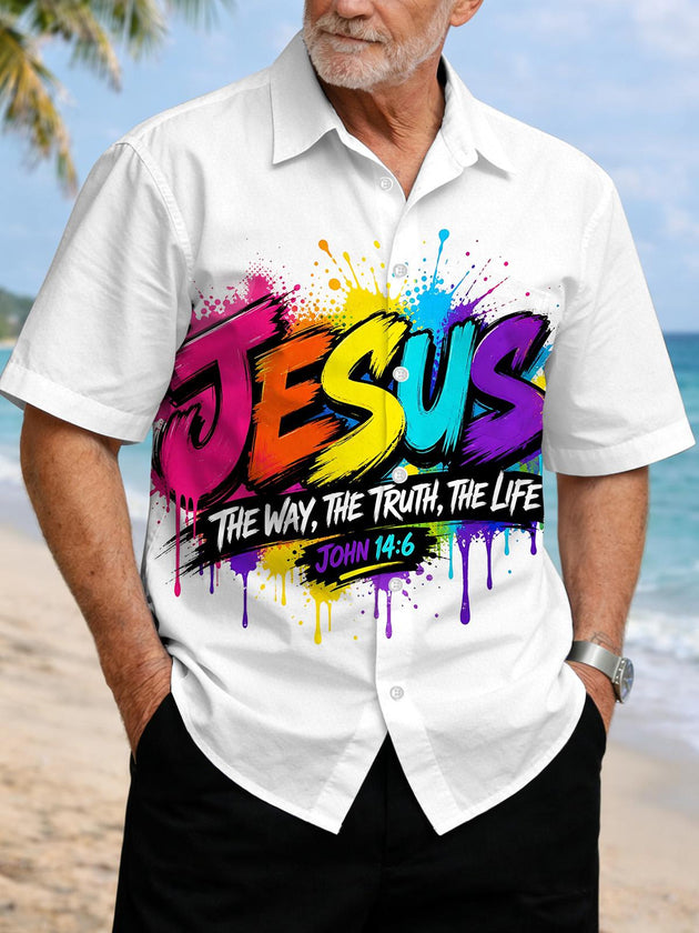 Colorful Jesus Print Men's Pocket Short Sleeve Shirts