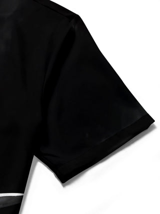 Men's black short sleeve shirt with drum set music print close-up detail
