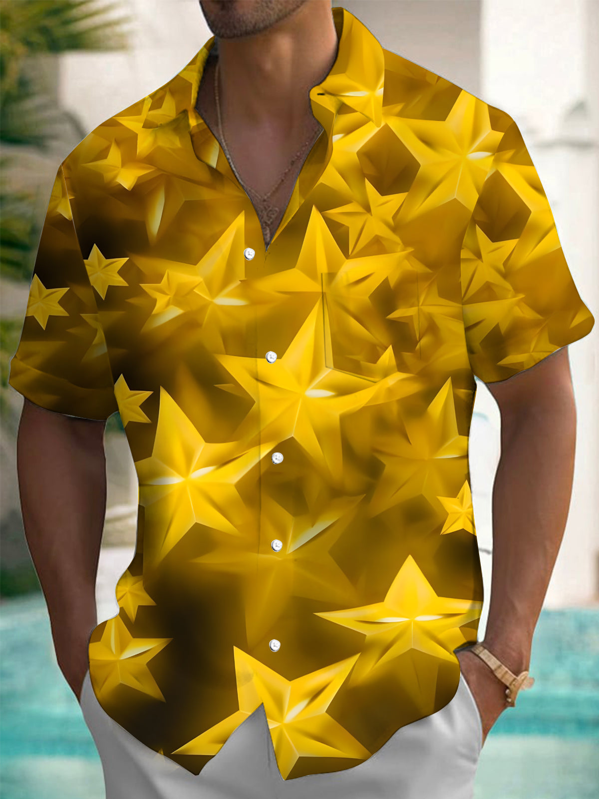 Stars Print Men's Pocket Short Sleeve Shirts