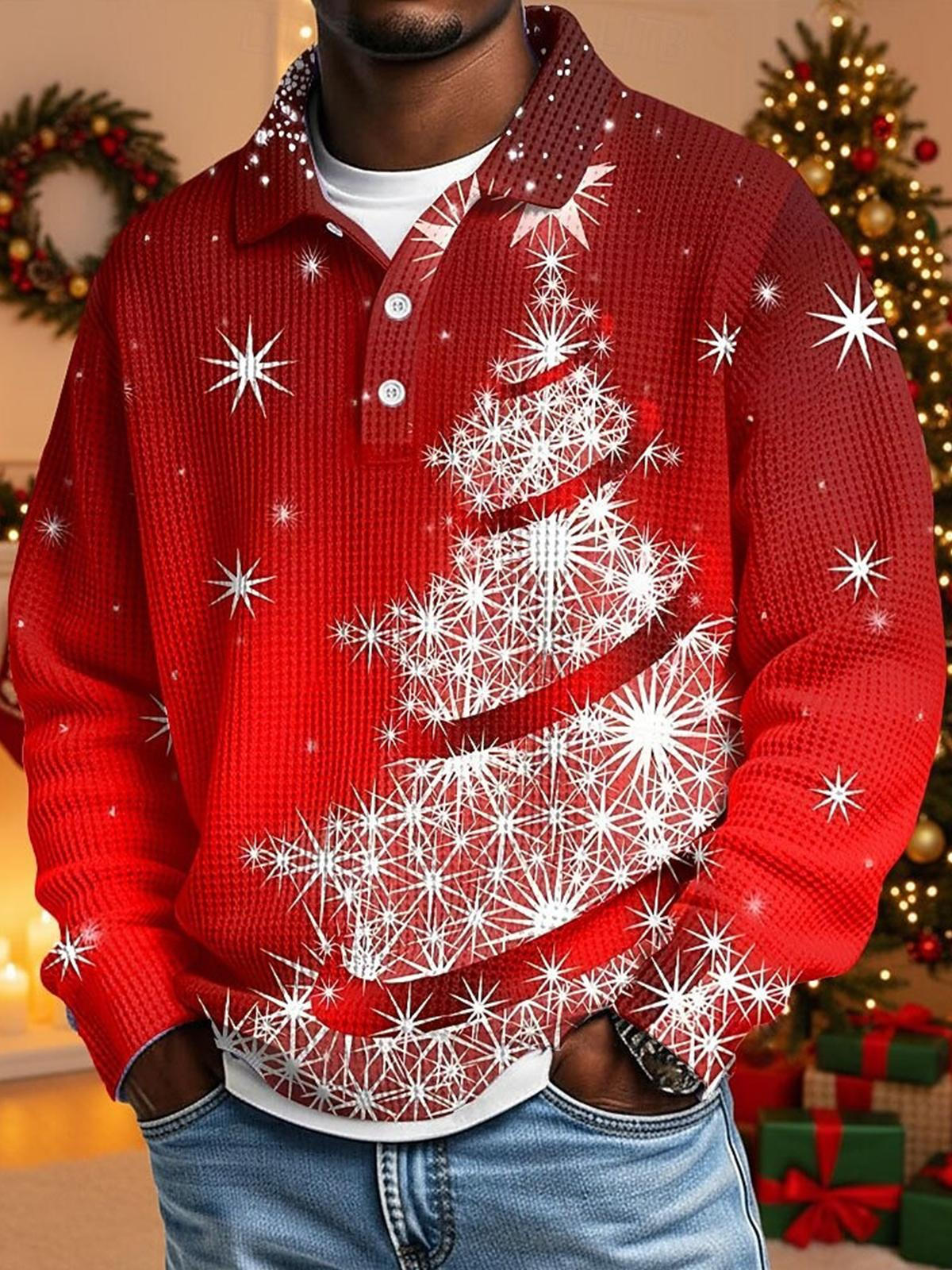 Christmas Tree Print Men's Long Sleeve Button Polo