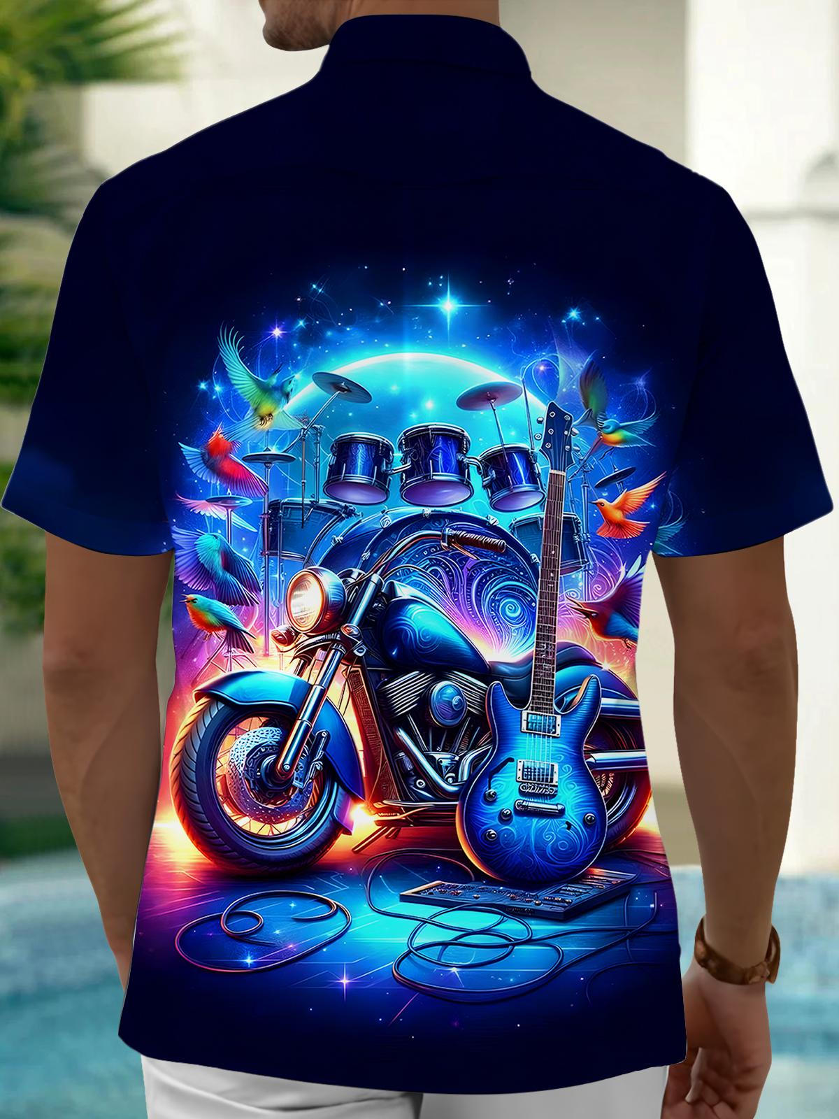 Drums Guitar Motorcycle Men's Pocket Short Sleeve Shirts