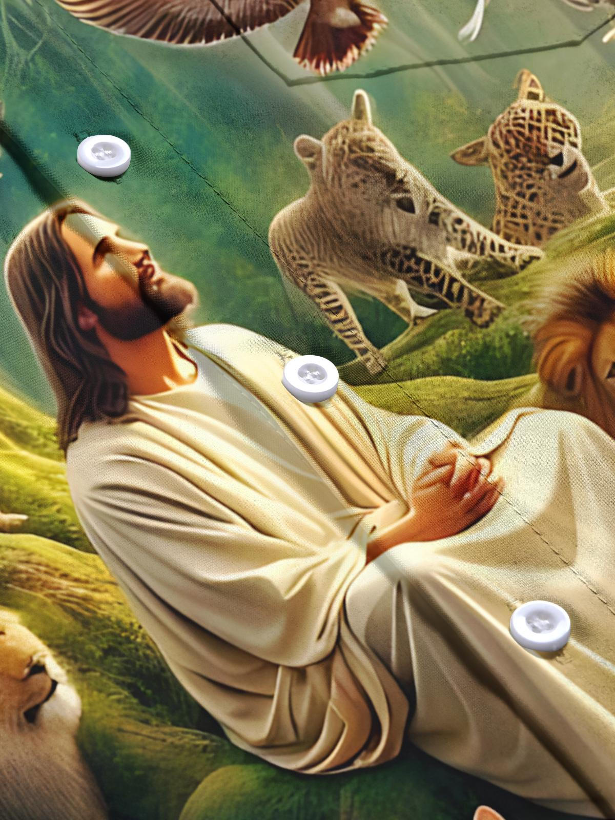 Forest Jesus Animal Print Men's Pocket Long Sleeve Shirts