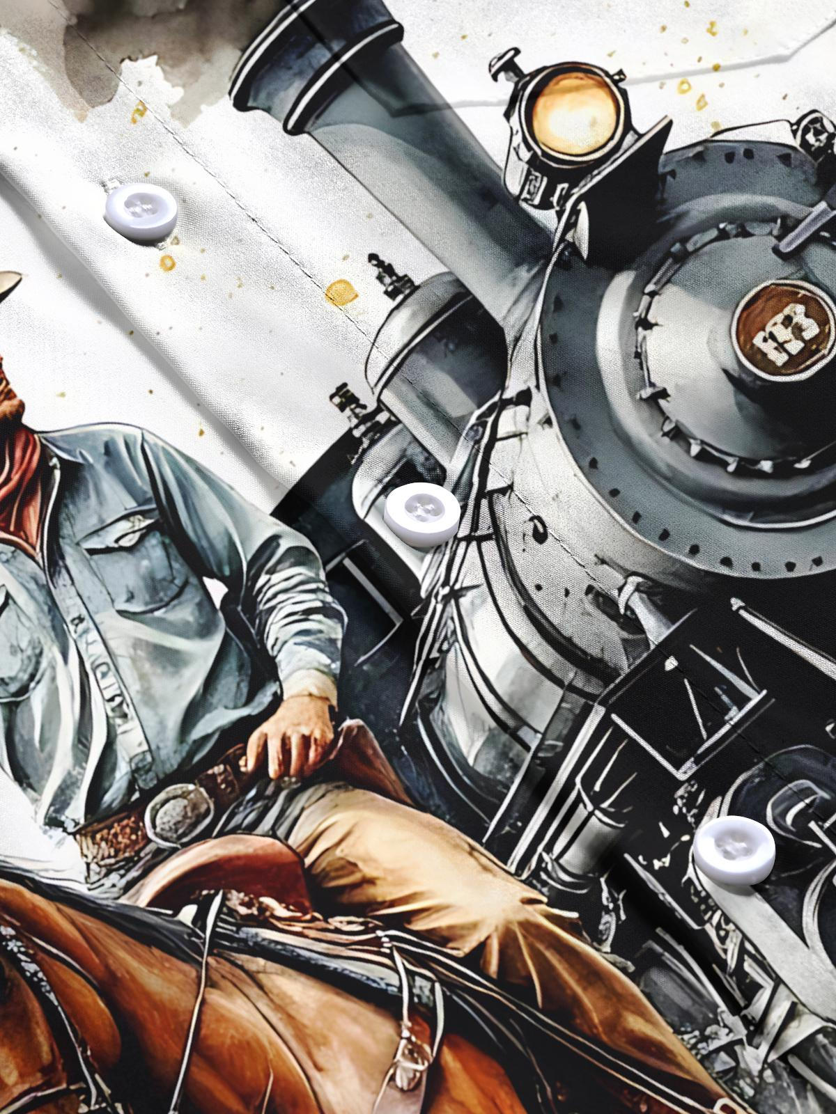 Western Cowboy Train Print Men's Pocket Long Sleeve Shirts