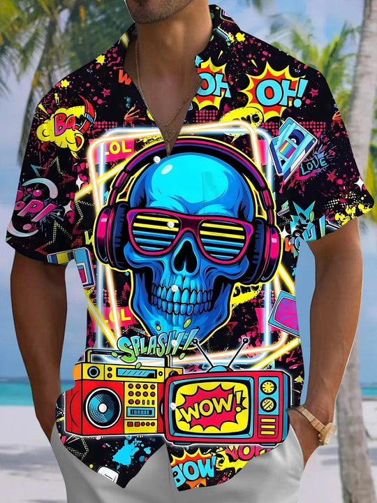 Music Skull Men's Pocket Short Sleeve Shirts