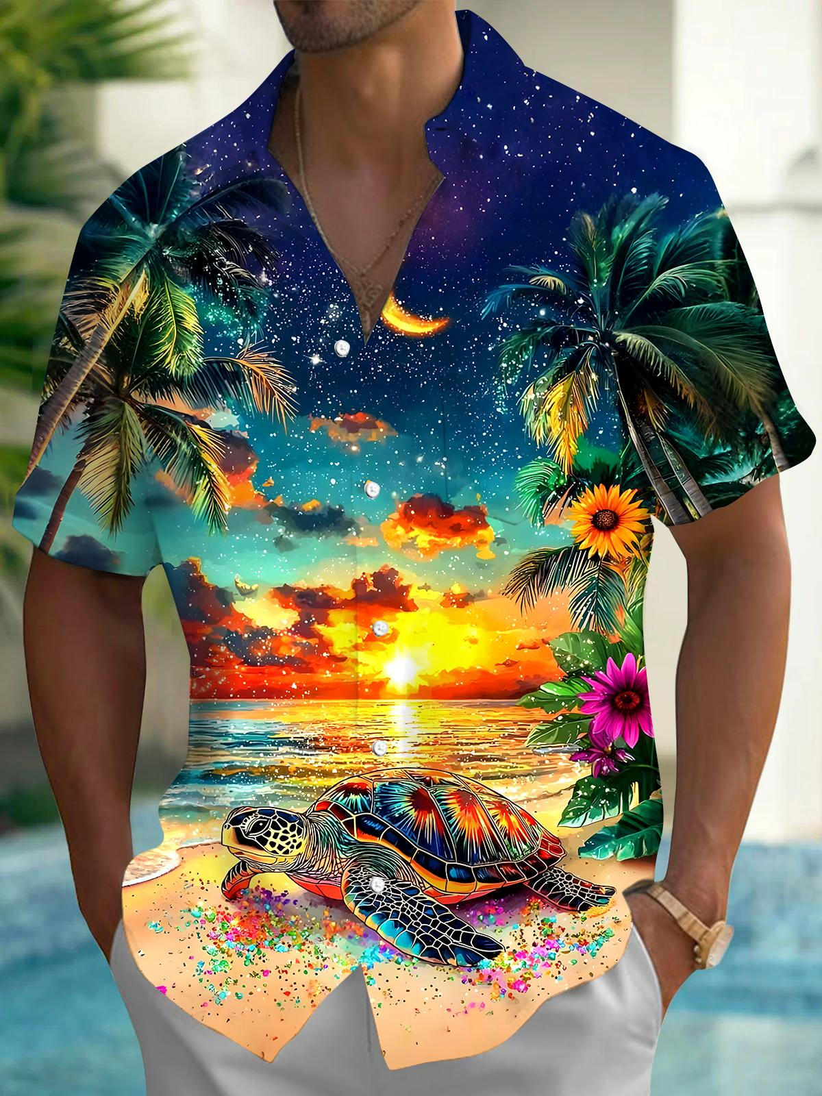 Hawaiian Sunset Turtle Men's Pocket Short Sleeve Shirts