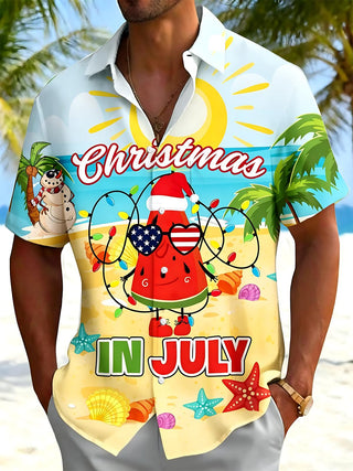 July Christmas Hawaiian American Flag Funny Print Men's Pocket Short Sleeve Shirts