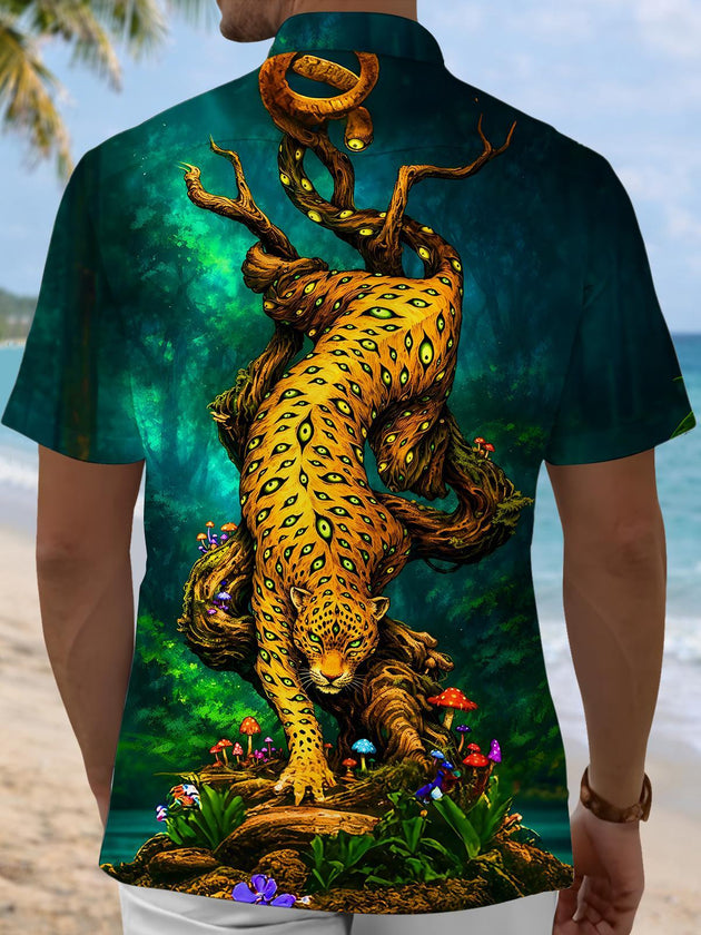 Men's Dark Jungle Leopard Art Pocket Short Sleeve Shirt Back View