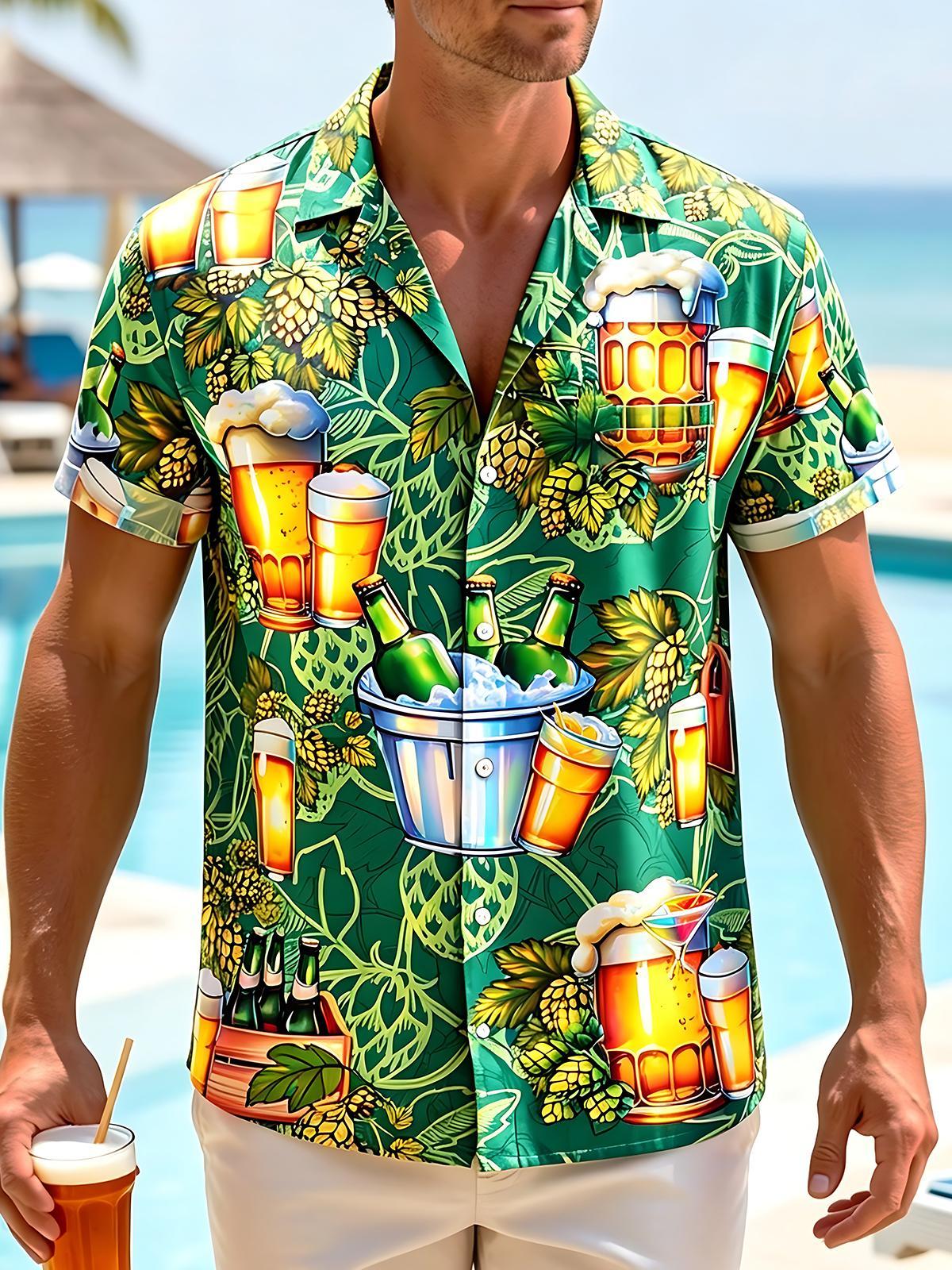 Hawaii Beer Glass Beer Flower Men's Pocket Short Sleeve Shirts