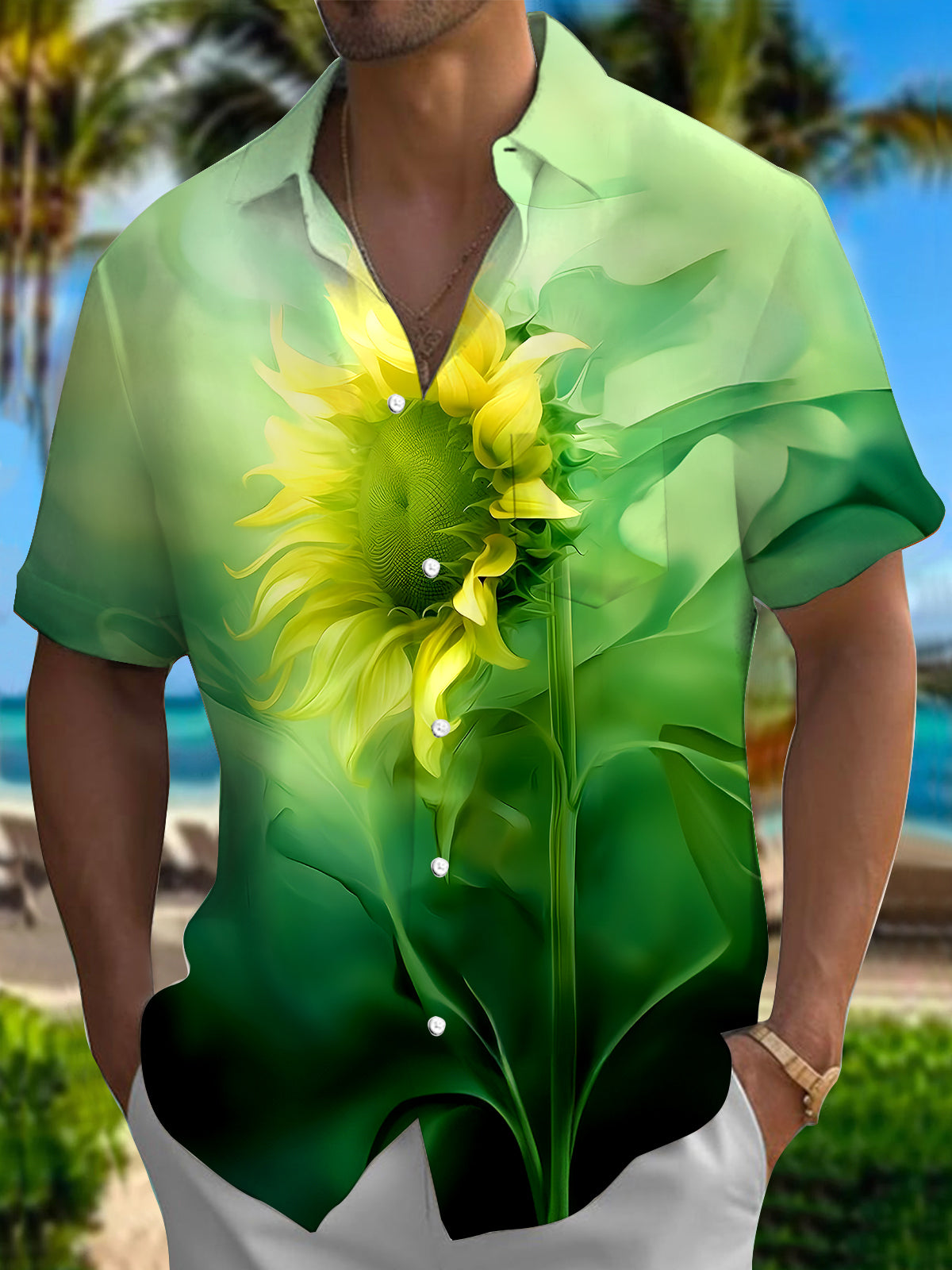 Hawaiian Sunflower Men's Pocket Short Sleeve Shirts