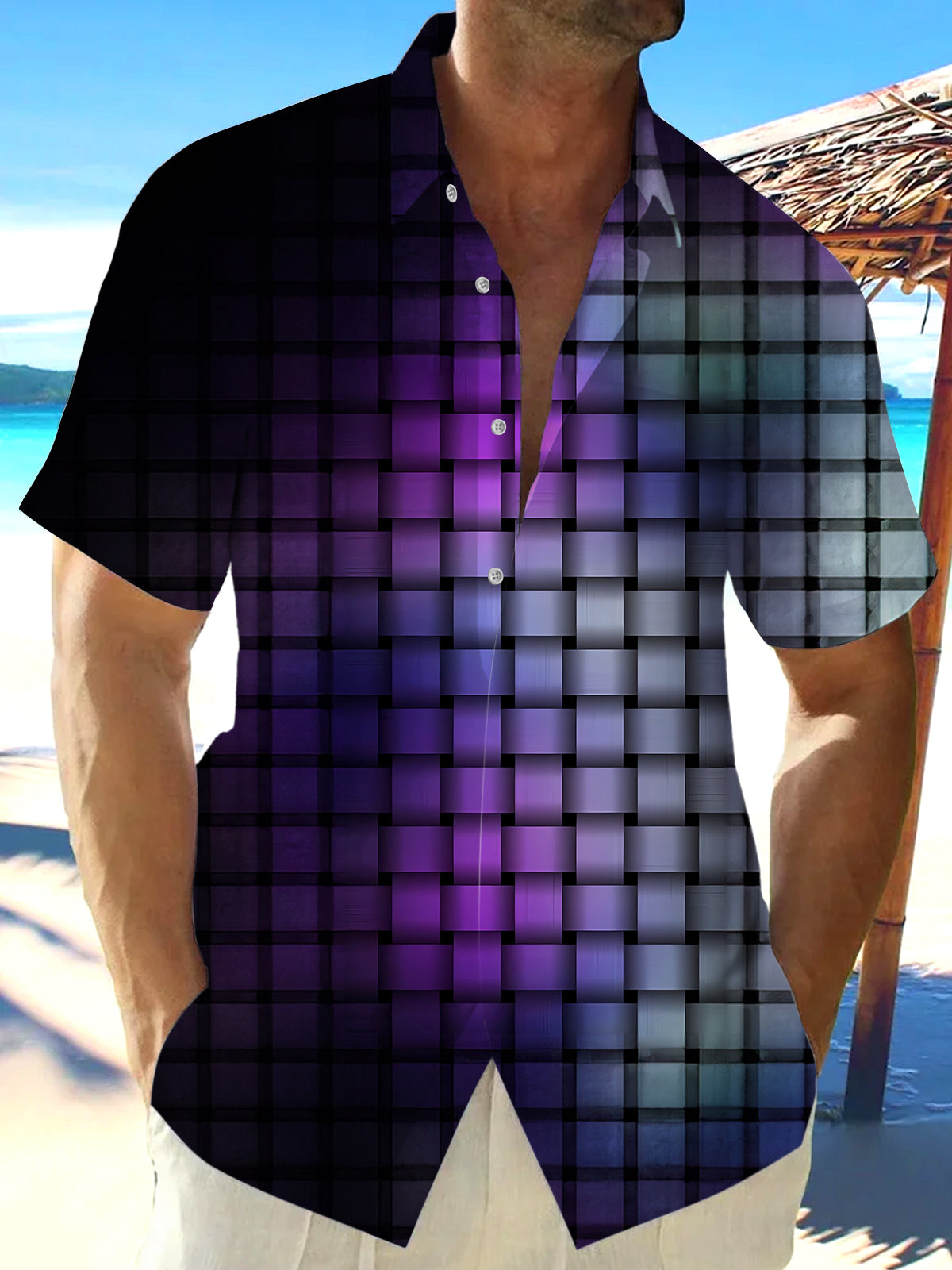 Geometric Gradient Plaid Men's Pocket Short Sleeve Shirts