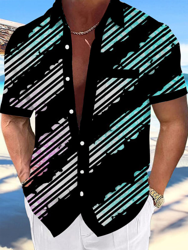 Men's geometric gradient stripe print short sleeve shirt front view
