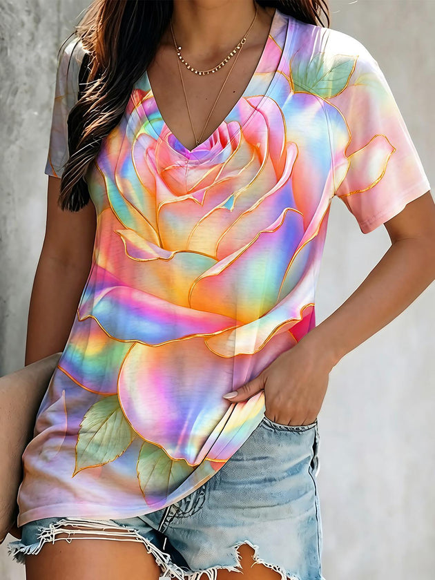 Gilded Phantom Color Big Rose Floral Short Sleeve V Neck Print Top