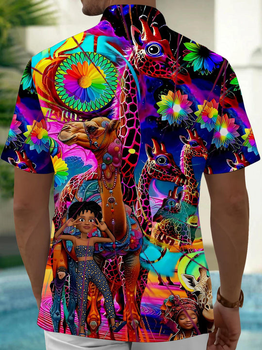 Men's camel giraffe art print pocket short sleeve shirt back view
